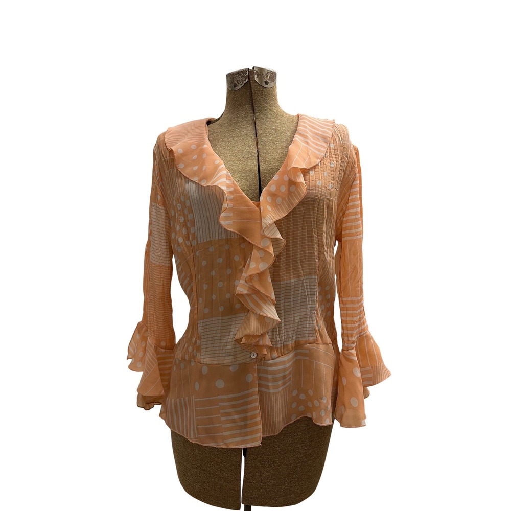Blouse Ruffle Y2K Aesthetic Sheer Orange Women Patchwork Polka Dot Stripe V-Neck - Picture 1 of 10